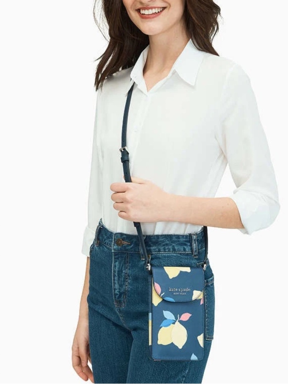 NWT Kate Spade Cameron Lemon Zest North South Flap Navy Phone Crossbody - Picture 2 of 8